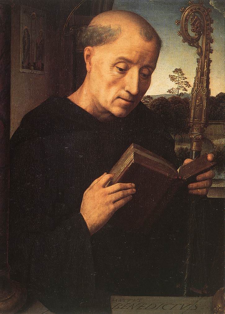 San Benito abad leyendo, pintura de Hans Memling
