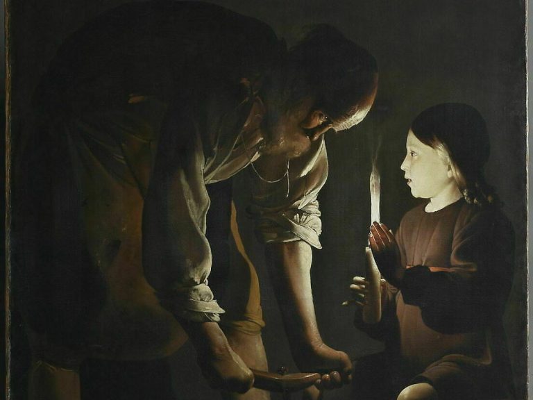 San José trabajando en su taller de carpintero junto al Niño Jesús