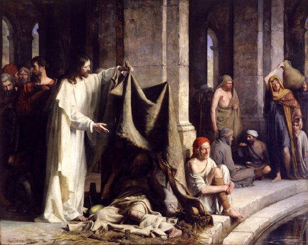 Jesús sanando a un enfermo en el estanque de Betesda, pintura de Carl Bloch