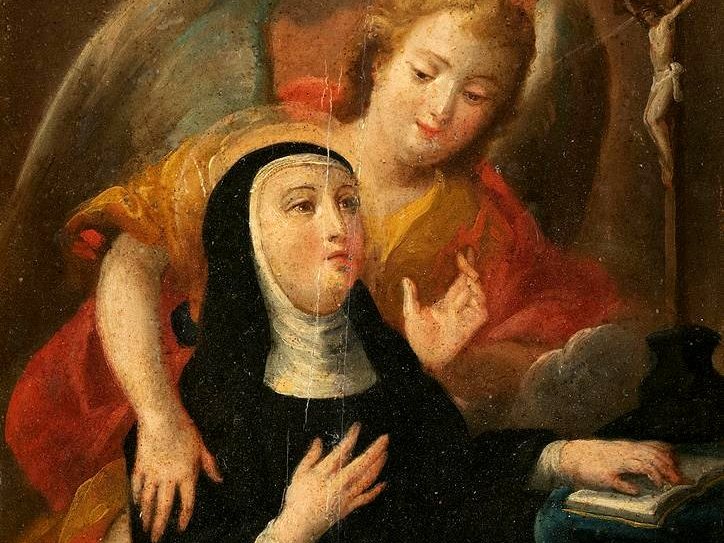 Santa Rita de Casia en oración acompañada por un ángel, pintura de Juan Pedro López