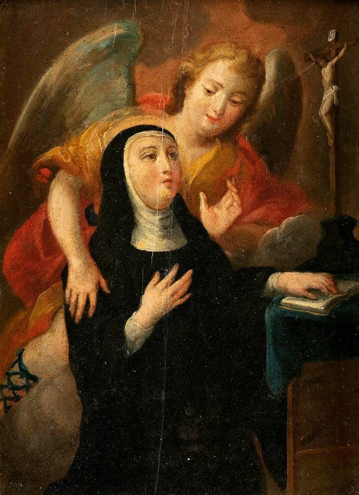 Santa Rita de Casia en oración acompañada por un ángel, pintura de Juan Pedro López