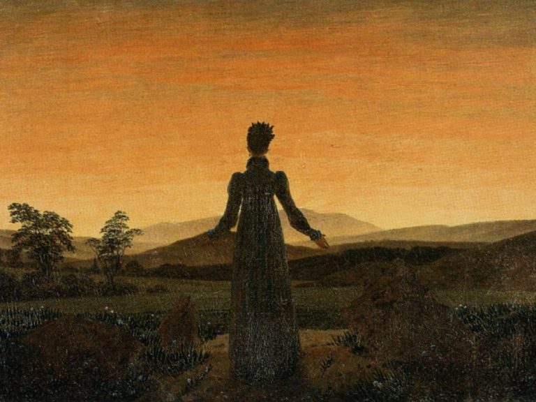 Mujer de espaldas contemplando el amanecer, pintura de Caspar David Friedrich