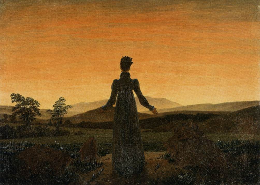 Mujer de espaldas contemplando el amanecer, pintura de Caspar David Friedrich
