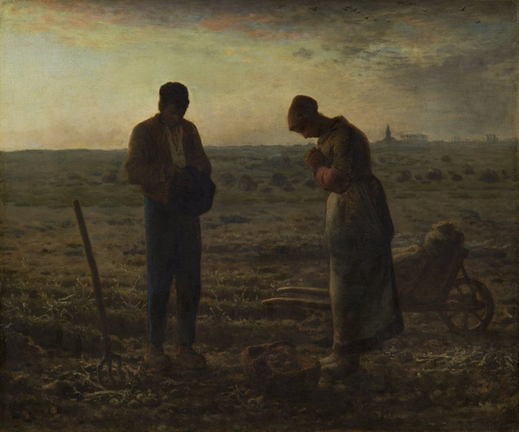 Dos campesinos rezando al atardecer en el campo, pintura El Ángelus de Millet