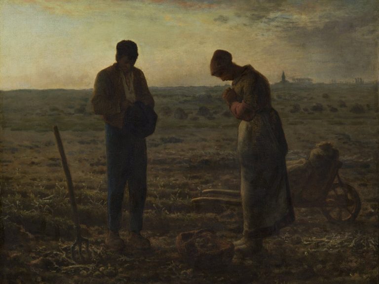 Dos campesinos rezando al atardecer en el campo, pintura El Ángelus de Millet