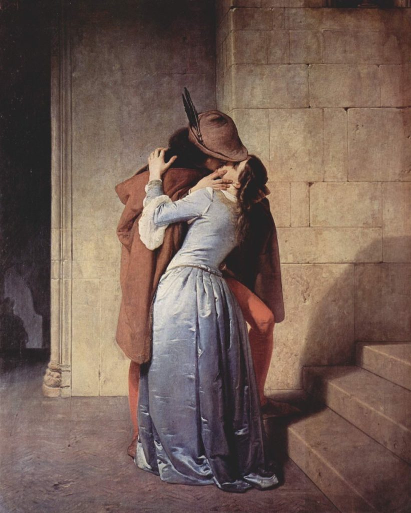 Pareja abrazándose y besándose, pintura El beso de Francesco Hayez