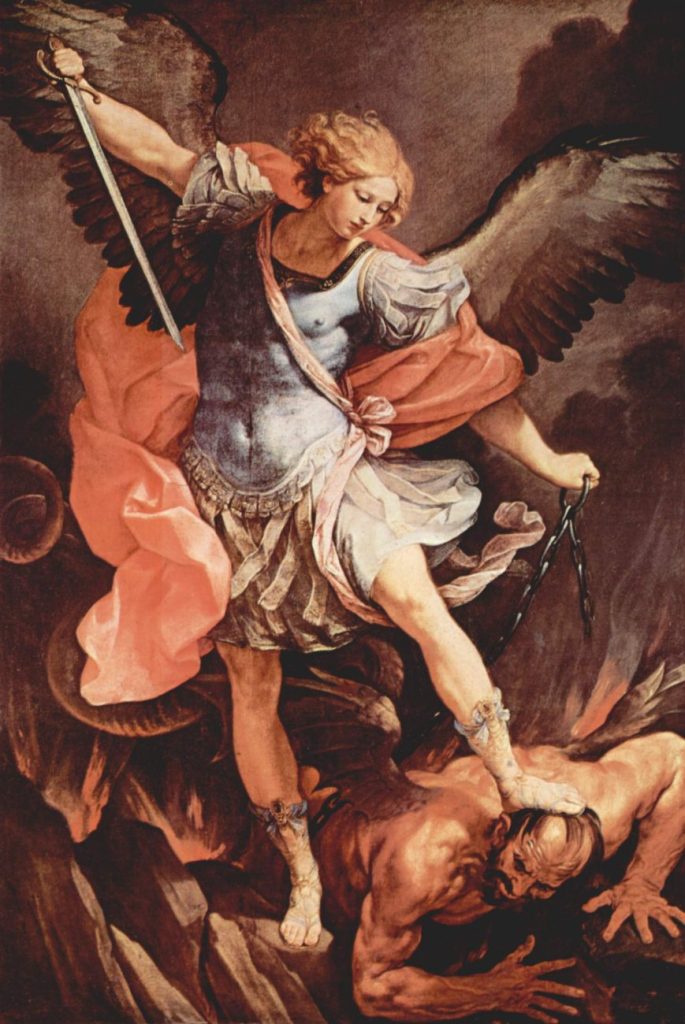San Miguel Arcángel con la espada venciendo al demonio, pintura de Guido Reni