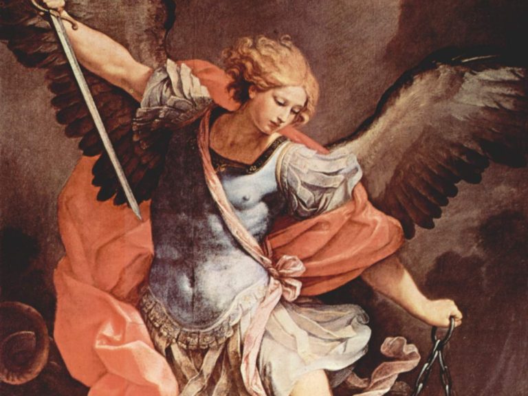 San Miguel Arcángel con la espada venciendo al demonio, pintura de Guido Reni